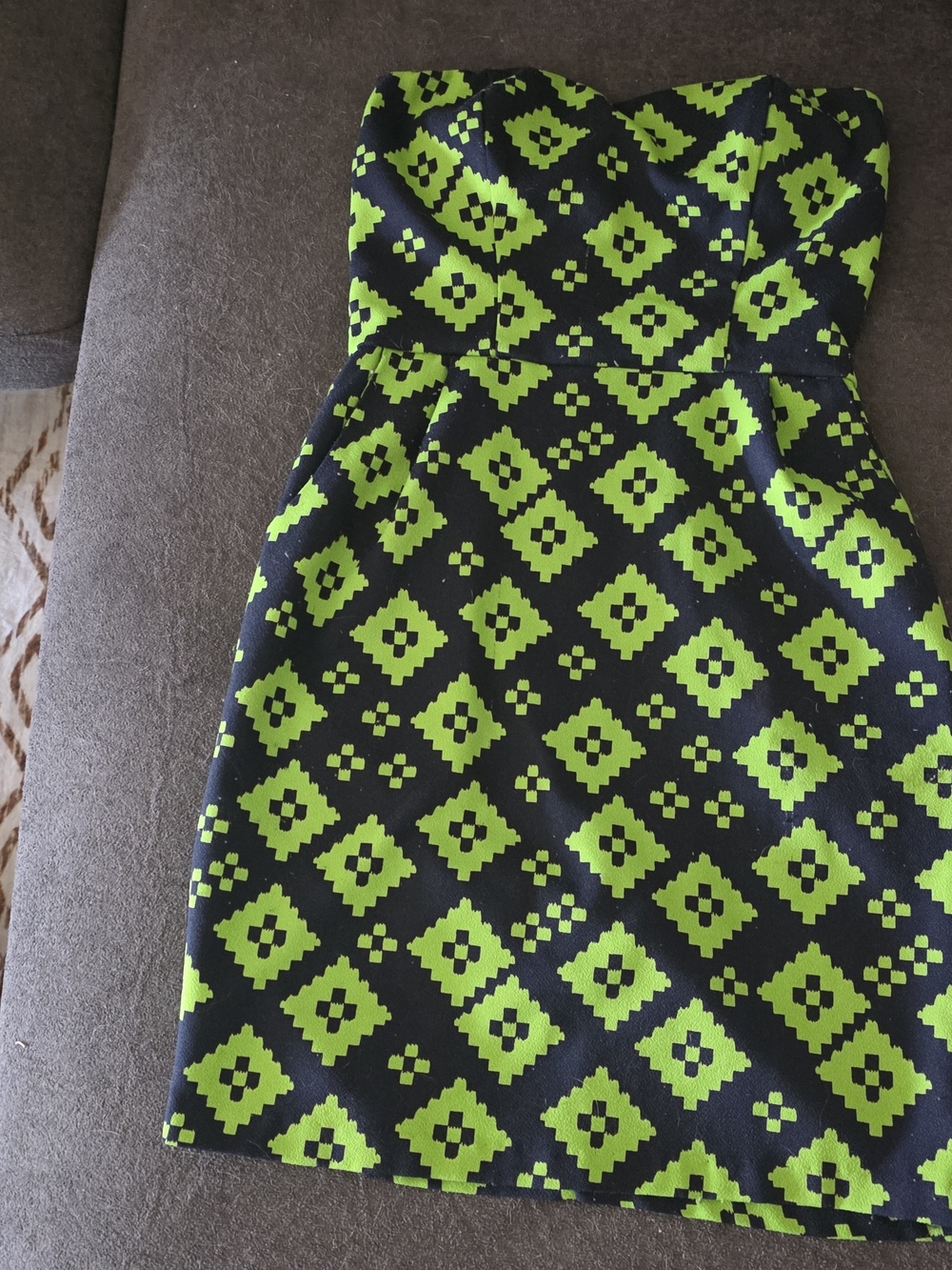 Mystic Strapless Geometric Print Dress in Lime Green and Black